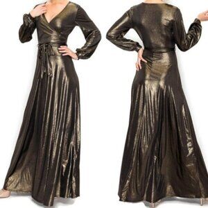 Janette Fashion Black Gold Bell Long Sleeve Evening Formal Faux Wrap Maxi Dress